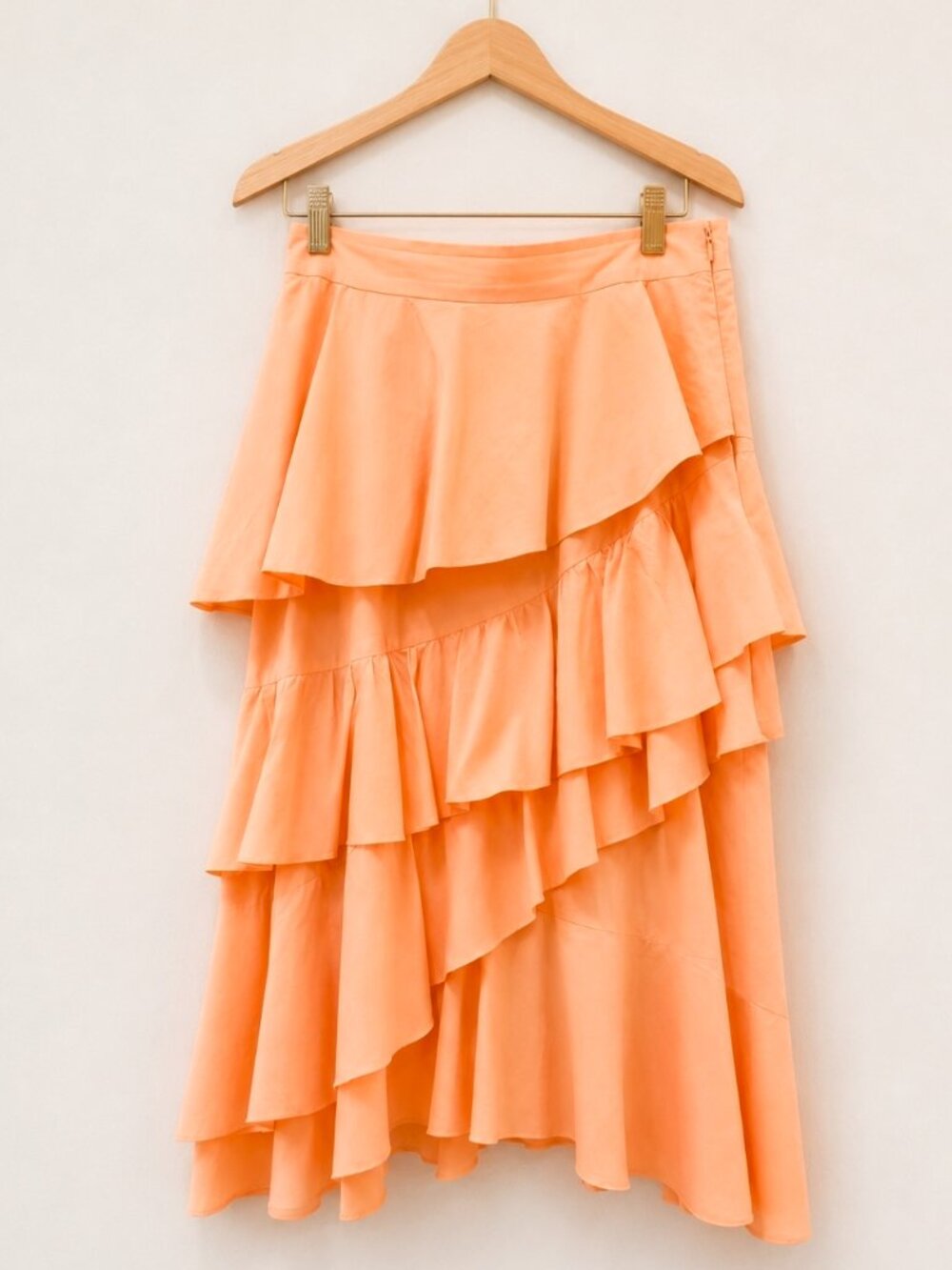 PEARL by Lela Rose Peach Asymmetrical Tiered Ruffle Midi Skirt Size 8 Made in US